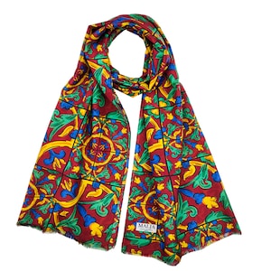 Maiolica Majesty: Bordeaux Cotton and Silk Scarf, a Tapestry of Italian Artistry