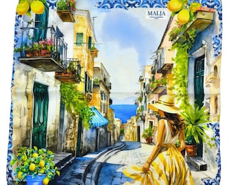 May include: A watercolor painting of a narrow, winding street in a European city. The street is lined with colorful buildings and has a blue sky overhead. A woman in a yellow dress and a straw hat walks down the street. The painting is framed by a blue and white tiled border.