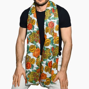 White Linen Scarf with Mexican Skulls, Made in Italy. Mexican Skulls Elegance Linen scarf Made in Italy