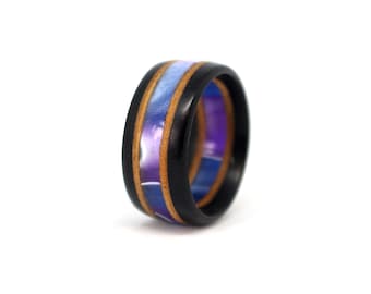 UK size M1/2 Ebony, purple & blue acrylic with ash wood accents. Handcrafted Wood Ring. Womens ring or mens ring perfect for any occasion