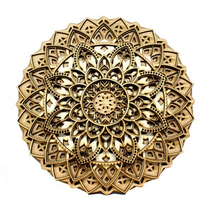 May include: A wooden mandala wall decor with intricate laser-cut designs in shades of brown. The mandala features multiple layers of overlapping patterns, creating a complex and visually appealing design.