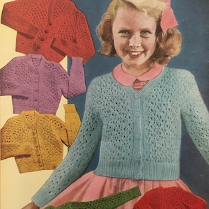 May include: A vintage knitting pattern for a girl's open-stitch cardigan. The pattern is from Weldons Knitwear and is for sizes 4 to 14 years. The pattern is for double knitting and requires 6 to 9 ounces of yarn.