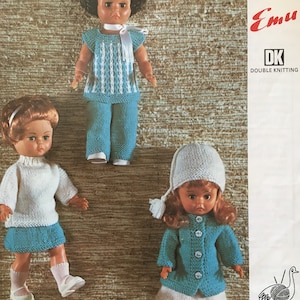 Pdf Download, Emu 6696, Vintage Knitting Pattern, Co-ordinating Outfits for a 14 inch Doll