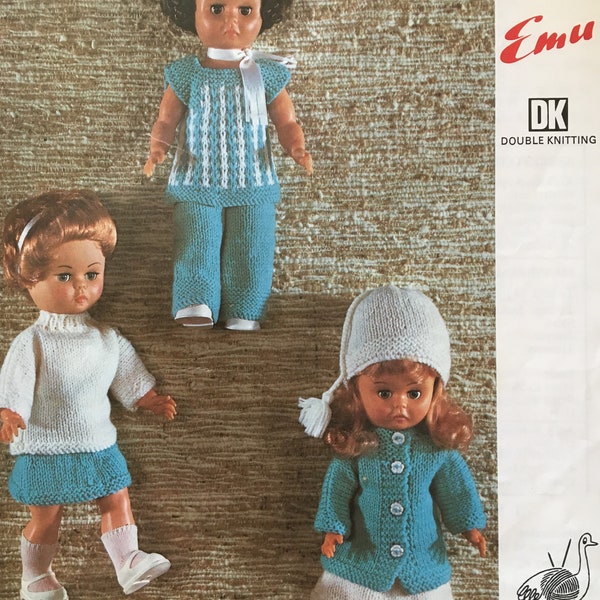 Pdf Download, Emu 6696, Vintage Knitting Pattern, Co-ordinating Outfits for a 14 inch Doll