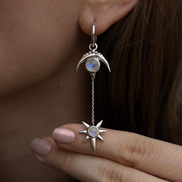 Boucles d'oreilles Moonstone 925 Sterling Silver, Boucles d'oreilles en pierre naturelle, "Lune et étoile"