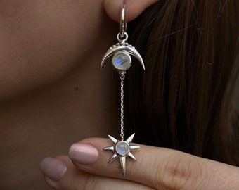 Boucles d'oreilles Moonstone 925 Sterling Silver, Boucles d'oreilles en pierre naturelle, "Lune et étoile"