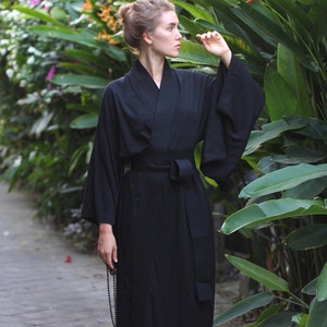 Vestido kimono negro, estilo japonés, bata larga, capa corta, talla única