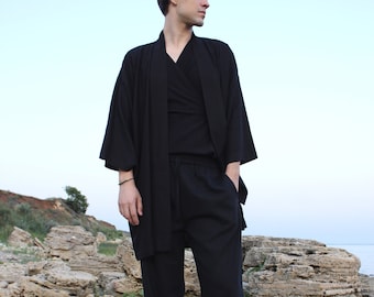 Black man kimono, Japanese style haory, man linen robe kimono set