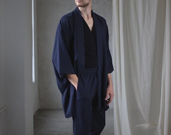 Kimono homme, veste haori, kimono japonais, veste pour homme, peignoir kimono bleu, peignoir kimono en lin, taille libre, unisexe, 95 cm (37") de longueur