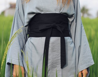 Wide Obi Japanese style belt, linen belt sash, black fabric belt