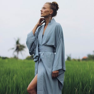 Light Blue Rayon Kimono Dress, Japanese Style Robe, Handmade Loose Fit