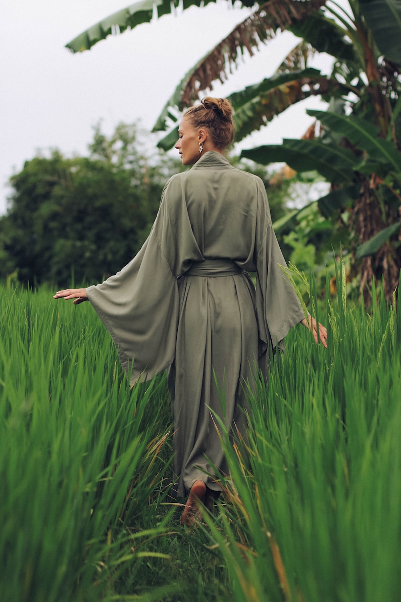 Kimono Dress, Japan Kimono, Olive Kimono, Long Kimono dress, Short Haory, Robe, free size, image 5