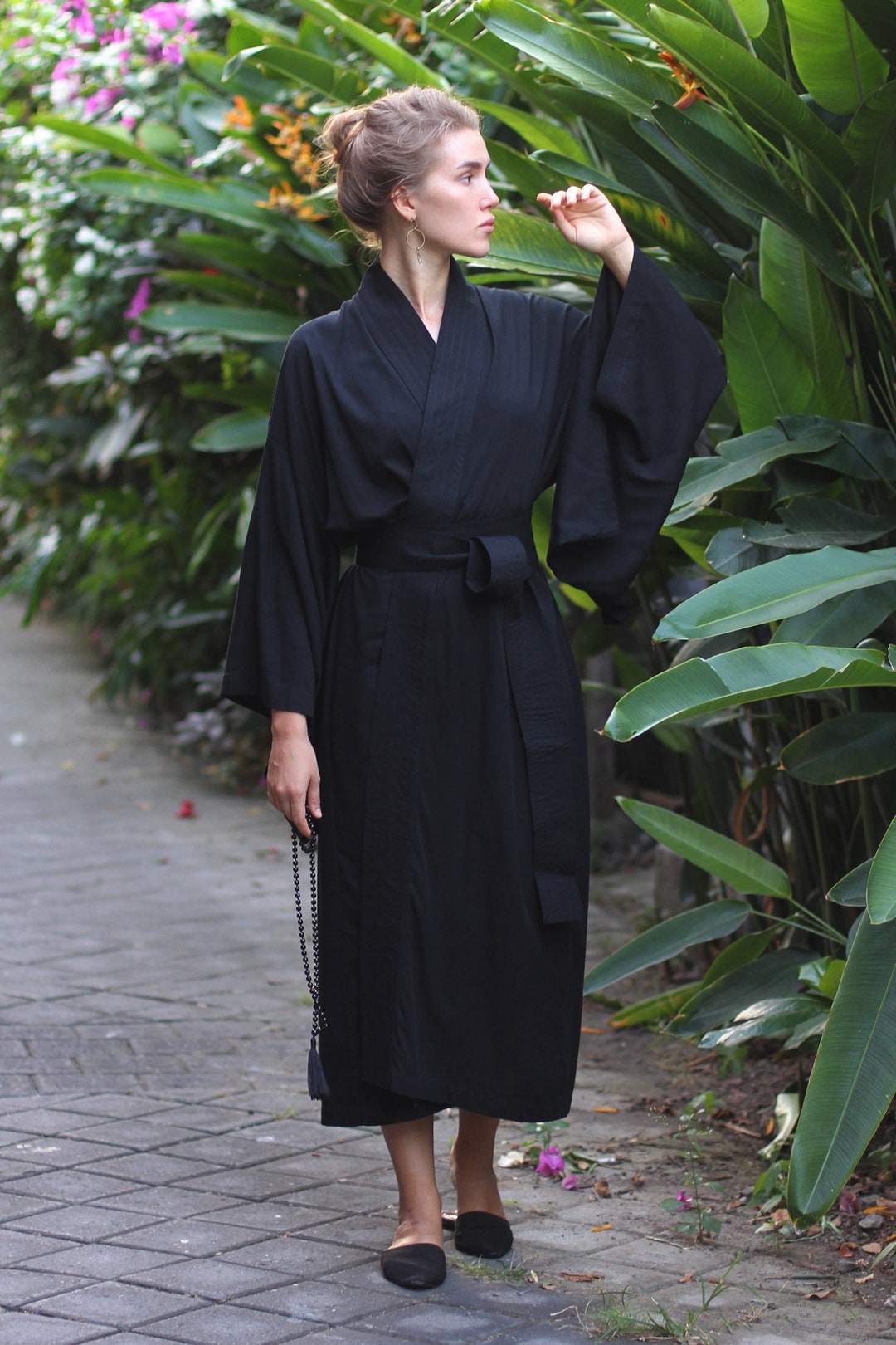 Black Kimono Dress, Japanese Style, Long Robe, Short Cape, Free Size 