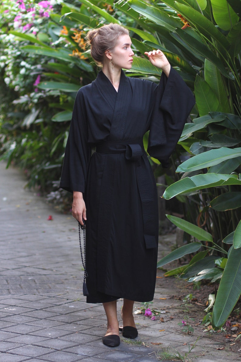 Black Kimono Dress, Japanese style, Long Robe, Short cape, free size image 1