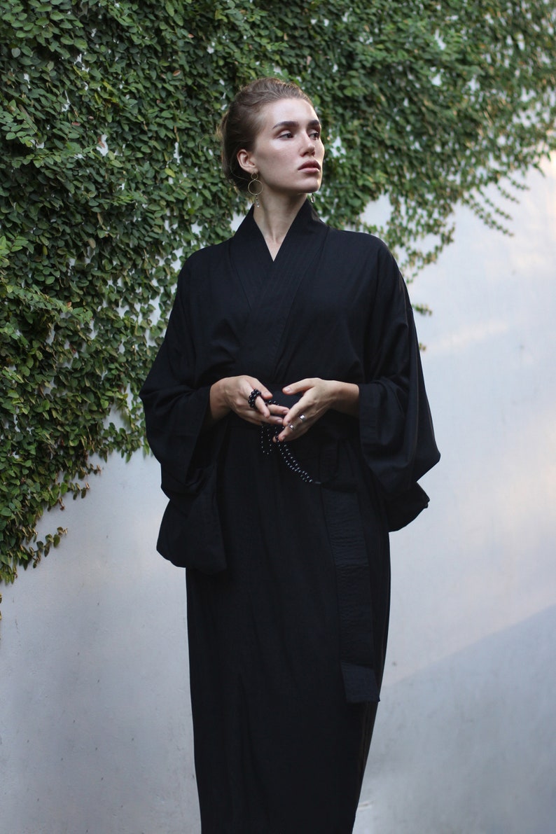 Black Kimono Dress, Japanese style, Long Robe, Short cape, free size image 3