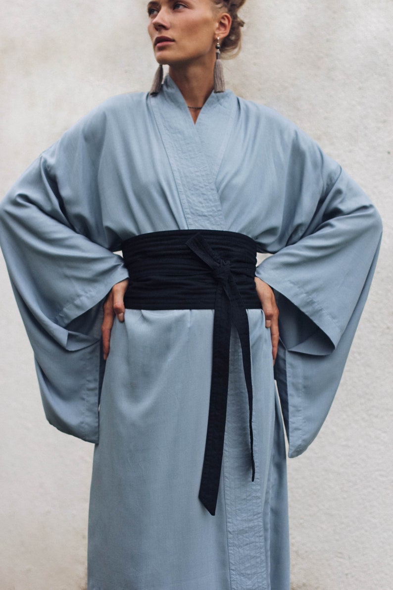 Wide Obi Japanese style belt, linen belt sash, black fabric belt image 5