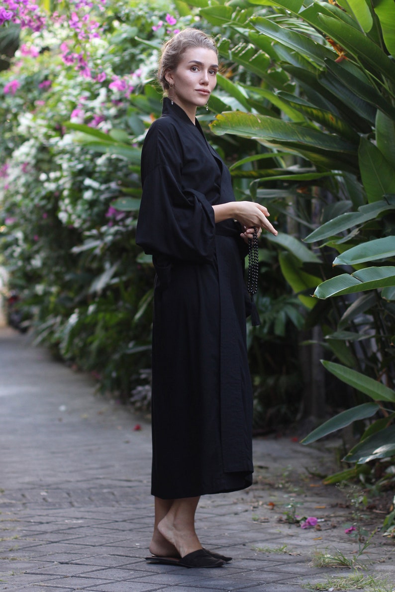 Black Kimono Dress, Japanese style, Long Robe, Short cape, free size image 5