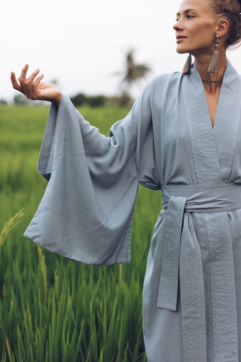 Light Blue Kimono Dress, Japan Kimono, Short Long Kimono Robe, free size image 5