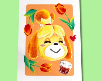 Isabelle art print, 5x7 inches, kawaii video game art, cute wall art, cozy game art print, Isabelle illustration