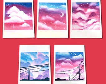 Dreamy Skies art prints, 5x7 inches, evening sky art, aesthetic wall art, whimsical art print, starry sky illustration