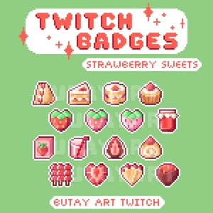 Strawberry Sweets Twitch Badges, twitch sub & bit badges, cute pixel art for streaming, kawaii dessert twitch assets, strawberry fruit