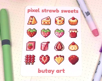 May include: A sticker sheet with pixelated strawberry-themed sweets and treats. The sheet includes images of strawberries, cakes, and jam. The text "pixel strawb sweets" and "butay art" are printed on the sticker sheet. A green pen, pink pen, purple pen, and strawberry-themed tape are also visible.