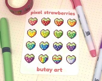 May include: A sheet of stickers featuring pixel art strawberries in various colors, including red, orange, yellow, green, blue, purple, and rainbow. The stickers are arranged in a grid of four rows and four columns. The text "pixel strawberries" and "butay art" are printed on the sheet.