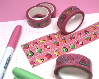 Pixel Fruit washi tape, 15mm x 10m, fruity art decorative tape, cute planner tape, bujo supplies, kawaii craft tape, planner washi
