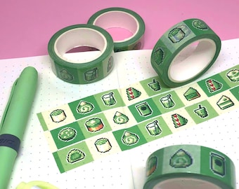 Pixel Matcha Sweets washi tape, 15mm x 10m, dessert art decorative tape, cute planner tape, bujo supplies, kawaii craft tape, planner washi