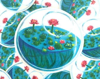 Kikkerachtige terrariumsticker, kikkerpoel, kikkers op waterlelies, schattige leuke kunst, uniek cadeau, terrariumsticker, kikkerstoel geïnspireerd, chibidier