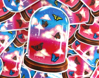 Sticker vlinderterrarium, vlinderpotdisplay, sprookjesachtige kunst, magisch cadeau, schattige grillige sticker, levendige tekening, vlinders in de lucht