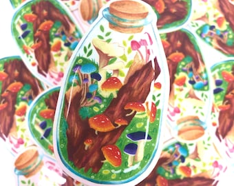 Paddenstoelenterrariumsticker, cottagecore-paddenstoelen, sprookjeskunst, uniek natuurthemacadeau, botanische sticker, schattig ontwerp