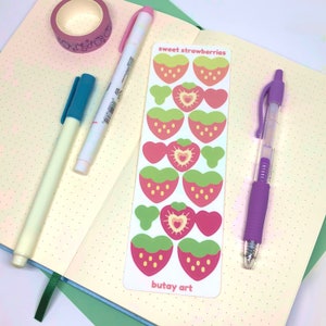 Strawberry Sticker Sheet, kawaii fruit stickers, strawb art, cute polco deco stickers, fruit stickers for journaling, bullet journal, bujo