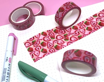 Strawberry washi tape, 15mm x 10m, fruity art decorative tape, cute planner tape, bullet journal supplies, kawaii craft tape, planner washi