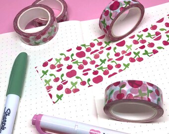Fruity Cherry washi tape, 15mm x 10m, fruity art decorative tape, cute planner tape, bujo supplies, kawaii craft tape, planner washi