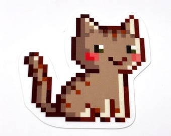 Pixel Brown Tabby Cat Sticker, kawaii cat sticker, cute kitty sticker, animal themed sticker, gift for cat parents, cat mom, brown tabby