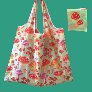Mushroom reusable eco bag, kawaii accessory, cottagecore shopping bag, cute foldable grocery bag, lightweight polyester bag