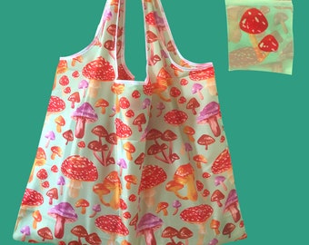 Mushroom reusable eco bag, kawaii accessory, cottagecore shopping bag, cute foldable grocery bag, lightweight polyester bag