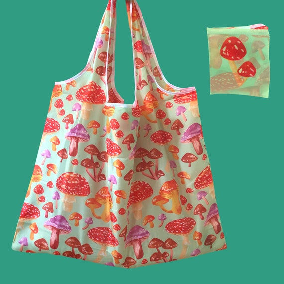 Mushroom reusable eco bag, kawaii accessory, cottagecore shopping bag, cute foldable grocery bag, lightweight polyester bag