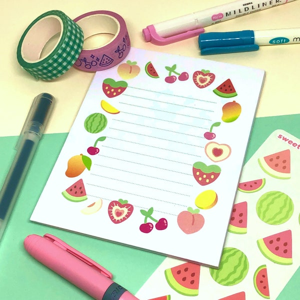 Fruity Memo Pad, 4.25 x 5.5 inches, fruit notepad, kawaii cute stationery, journaling planner supplies, cute fruit art