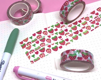 Fruity Strawberry washi tape, 15mm x 10m, fruity art decorative tape, cute planner tape, bujo supplies, kawaii craft tape, planner washi