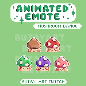 Mushroom Dance Animated Emotes, cute pixel art for streaming, kawaii mushroom twitch assets, cottagecore emotes, dancing mushroom emote