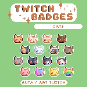 Cat Twitch Badges, twitch sub & bit badges, cute pixel art for streaming, kawaii kitty twitch assets, multicolor cat badges