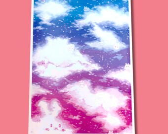 Endless Buns art print, 5x7 inches, kawaii bunny art art, cute colorful wall art, bunny cloud art, year of the rabbit painting