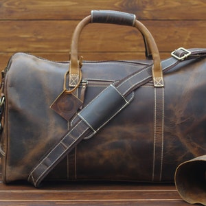Personalised Handmade Leather Duffle Bag, Large Travel Bag, Mens Weekender Bag Holdall Overnight Holiday Vacation Duffel Crazy Horse leather