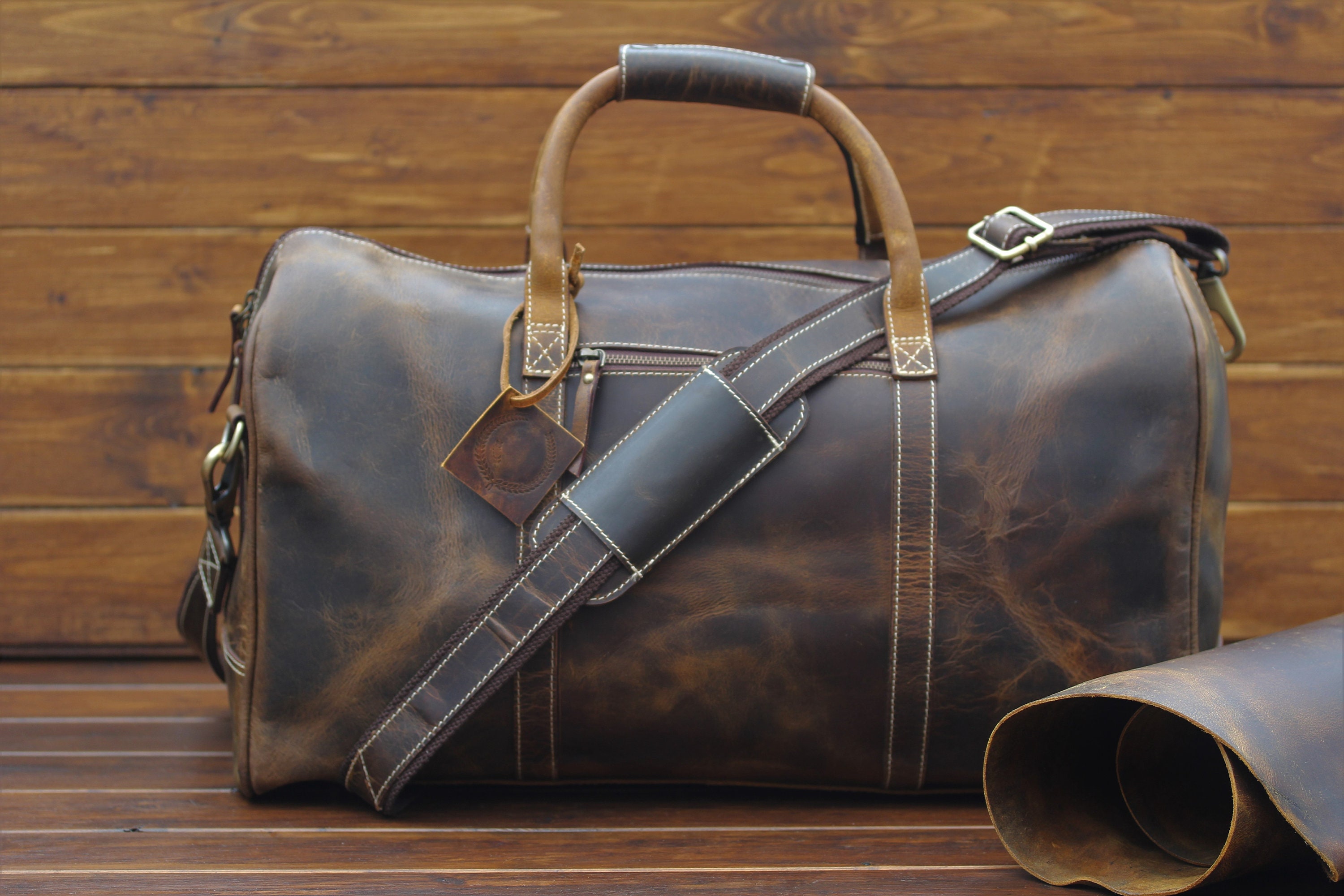 handmade leather duffle bag