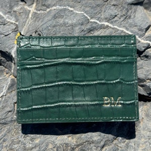 Cartera de titular de tarjeta de cuero personalizada, funda de caja de tarjeta minimalista inicial con monograma de cuero púrpura ciruela, regalos de cuero para mujer