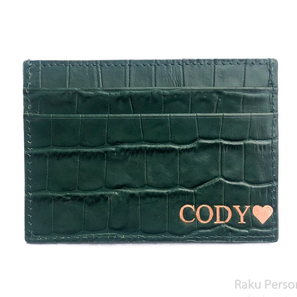 Personalized Leather Card Holder, Green Croc Leather Card Holder, Customized Initial Emboss Leather Card Wallet, Anniversary Gift for Her