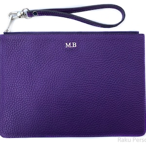 Bridesmaid Clutch Bag Pebbled Purple Leather, Personalized Initial Makeup Bag Gift for Bridesmaid, Customized Leather Pouch Bridesmaid Gift