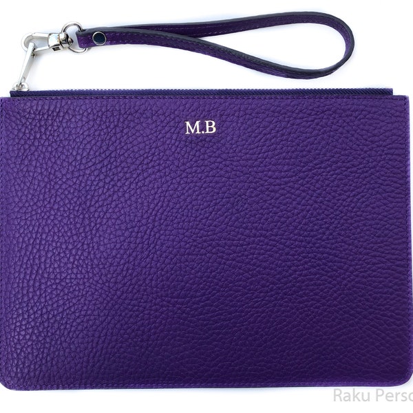 Purple Leather Clutch Bag, Personalized Leather Makeup Clutch Bag Gift for Mom, Customized Initial Letter Leather Pouch Mothers Day Gift